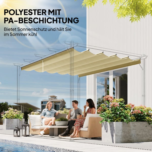 Ausziehbares Sonnensegel aus Polyester mit Polyamid-Beschichtung über einer Terrasse mit Lounge-Möbeln und Pool.