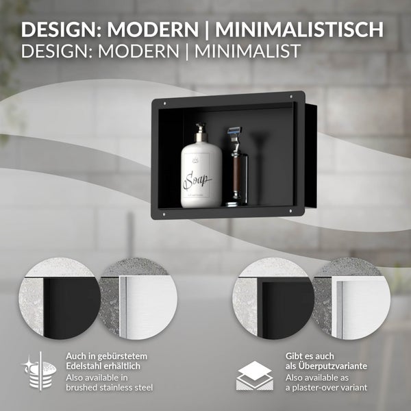 Moderne minimalistische Wandeinbaunische aus Edelstahl in Schwarz. Erhältlich in gebürstetem Edelstahl und als Überputzvariante.