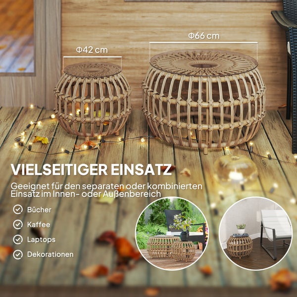 Outsunny 2er Set Beistelltisch Polyrattan Ø66/42 cm rund wetterfest Gartentisch mit Glasplatte Outdoor Balkontisch Couchtisch Gartenmöbel für Garten, Balkon Braun