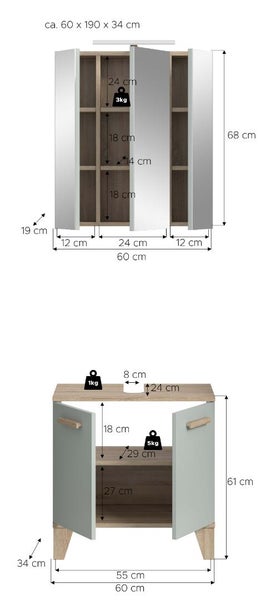 Badezimmermöbel Set bestehend aus Spiegelschrank mit drei Türen und Waschbeckenunterschrank mit zwei Türen inklusive detaillierter Bemaßungen.