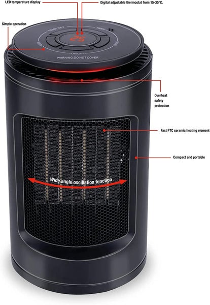 JUNG Heizlüfter Energiesparend leise schwarz, Heizgerät elektrisch 1200 Watt, mobile Elektroheizung für Räume bis 20qm, Elektrische Heizung Mobil, Heizkörper Kompakt