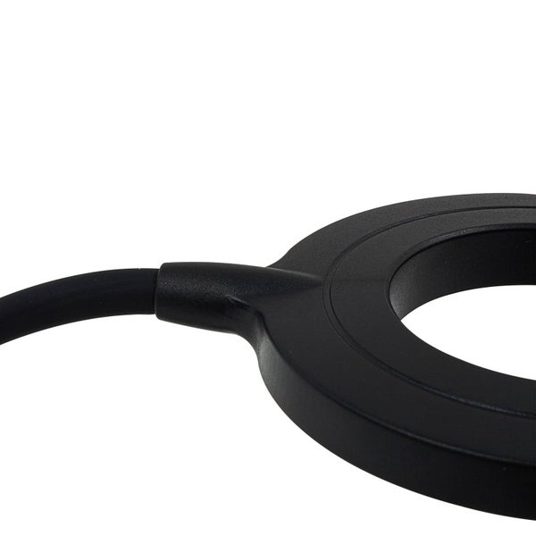 Schwarze LED-Schreibtischleuchte mit flexiblem Hals, ringförmigem Leuchtkopf und integrierter kabelloser Ladefunktion im Standfuß.