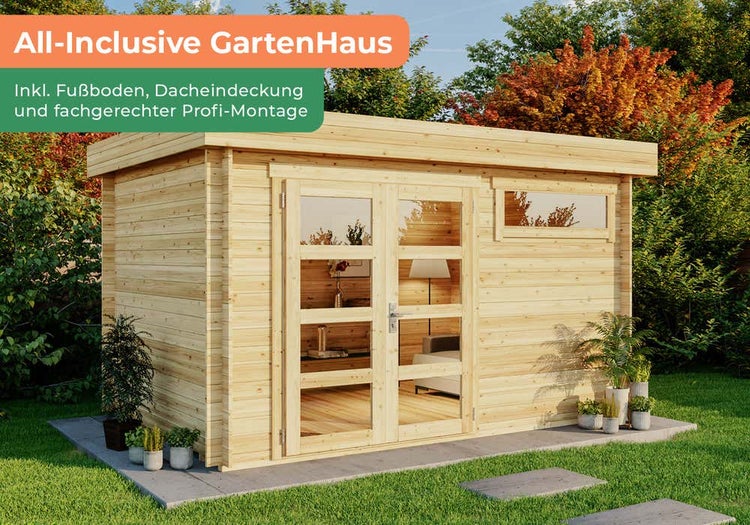 Alpholz Premium Gartenhaus-Set Leandro 394x268cm inkl. Boden, Dach & Aufbauservice