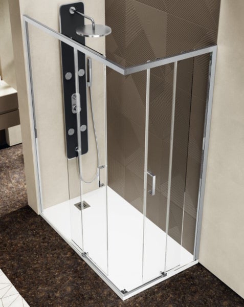 Eckdusche mit schwarzer Duschsäule und weißen Duschwanne