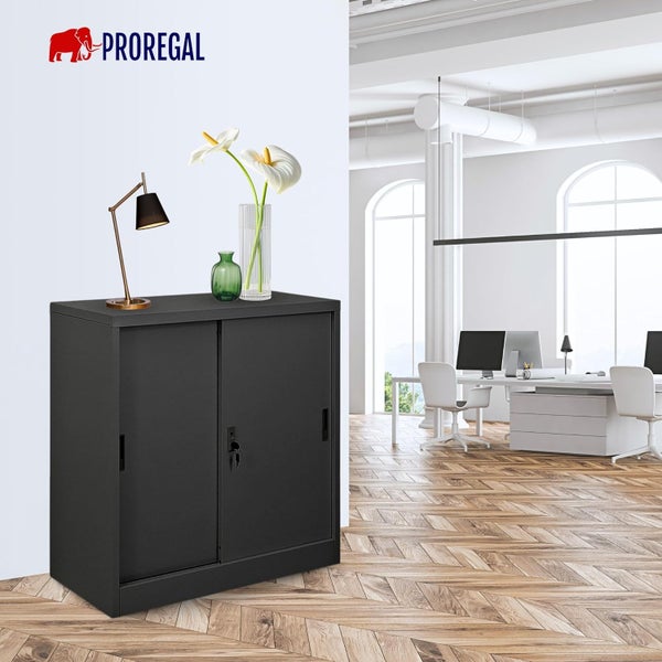 Abschließbarer schwarzer Metall-Schiebetürenschrank in einem hellen, modernen Büro mit Holzfußboden. Proregal Logo.