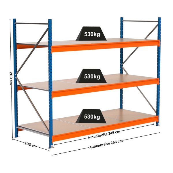 Lagerregal mit drei Ebenen und Maßangaben
