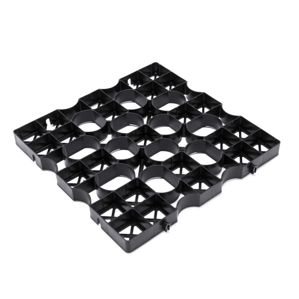 Rasengitter aus Kunststoff zur Bodenstabilisierung in Schwarz.