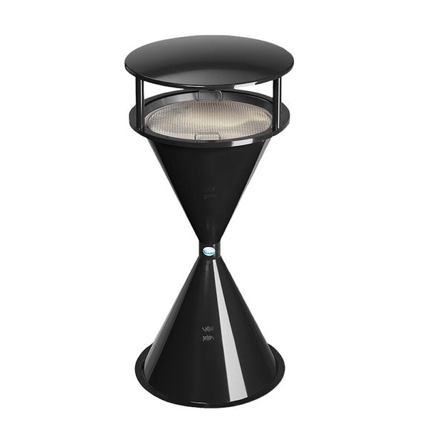 Schwarzer Standascher mit Regenschutzdach und Siebeinsatz in Sanduhr-Form aus Metall.