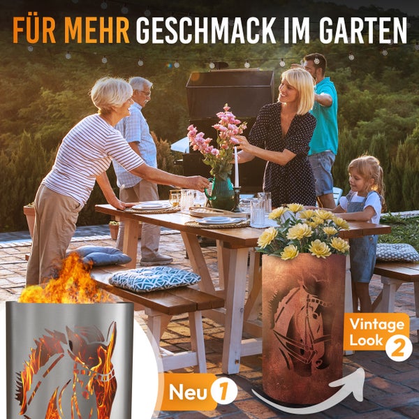Gartenszene mit Esstisch, Grill und dekorativen Feuersäulen, die eine gesellige Atmosphäre für ein Familienessen im Freien schaffen.