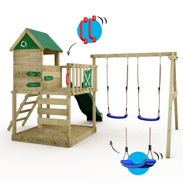 WICKEY Spielturm Klettergerüst Smart Cave mit Schaukel und Rutsche, Baumhaus mit Sandkasten, Kletterleiter und Spiel-Zubehör - grün