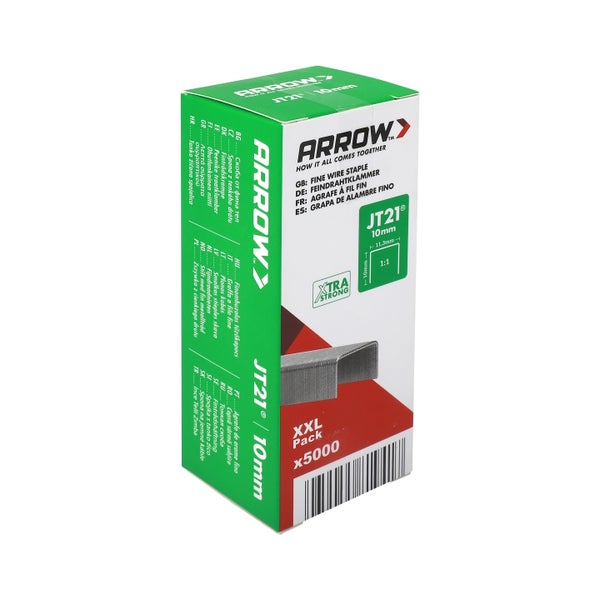 Arrow JT21 Feindrahtklammern in der Packung mit 5000 Stück, 10 Millimeter Länge.