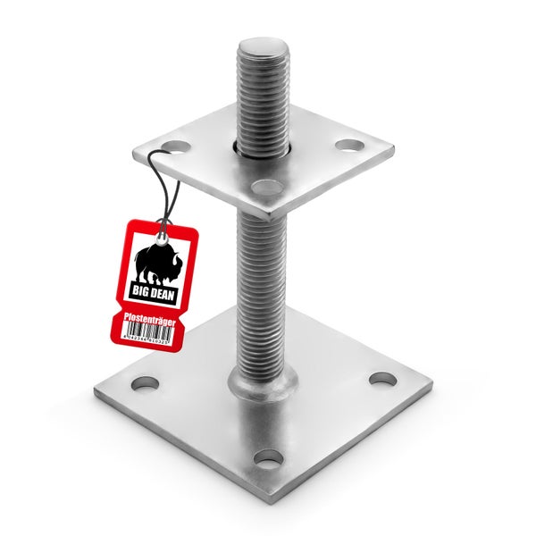 Verstellbarer Pfostenträger aus Metall mit quadratischen Platten und Gewindestange zur Bodenbefestigung mit Big Dean Logo Anhänger.