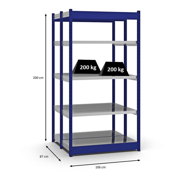 PROREGAL Fachbodenregal Stecksystem Vierkant-Profil Grundregal HxBxT 200 x 102,5 x 40 cm 2x5 Ebenen Doppelseitige Bauart Fachlast 200 kg Enzianblau