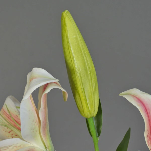 Künstliche Lilie mit zwei weiß-rosa Blüten und einer Knospe an einem grünen Stiel mit Blättern.