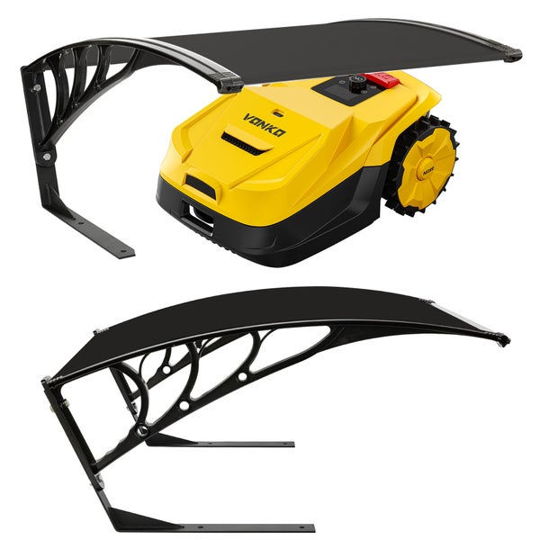 Mähroboter-Garage mit gewölbtem Dach und Haltearmen, abgebildet einzeln und mit einem gelben Mähroboter mit Vanko Logo.