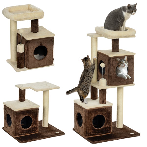 PawHut Kratzbaum 107 cm Katzenbaum mit Katzenhöhle, Bett, Spielball, Katzenkratzbaum mit Sisal-Kratzsäulen, für Katzen bis 5 kg, Dunkelbraun