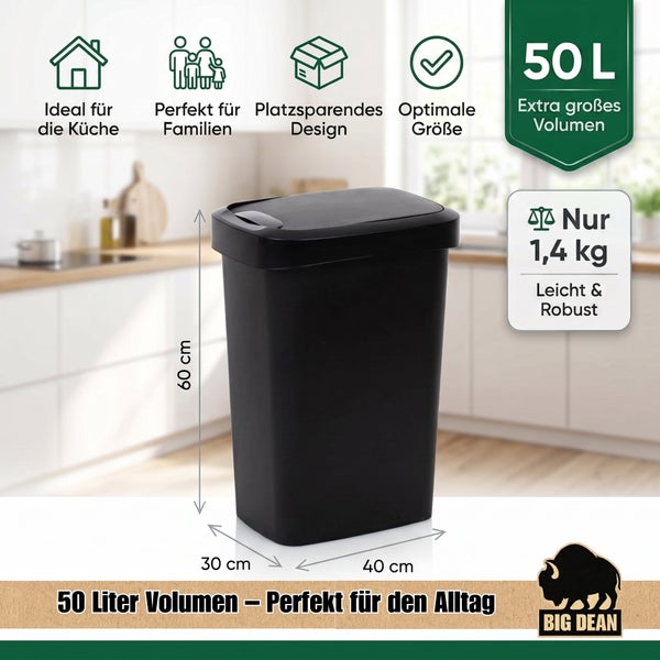 Ein 50 Liter Abfalleimer von Big Dean für die Küche mit platzsparendem Design und Maßen von 60 mal 40 mal 30 Zentimetern sowie 1,4 Kilogramm.