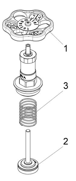 Explosionszeichnung eines Ventiloberteils für Armaturen mit Handrad, Ventilspindel und Feder.