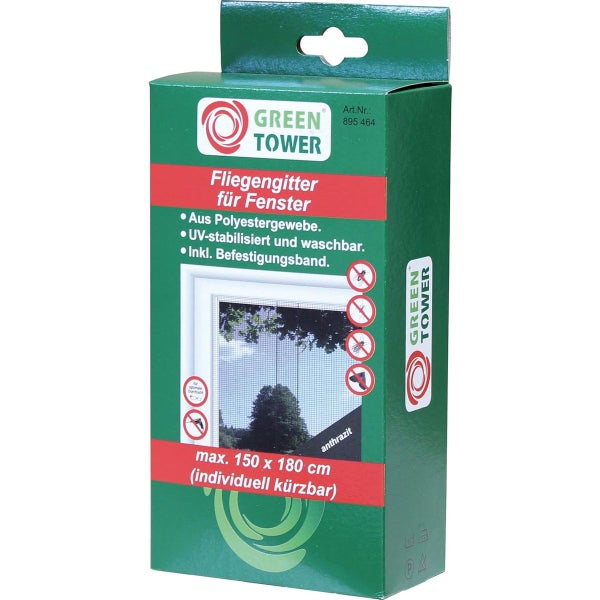 Green Tower Fliegengitter für Fenster aus Polyestergewebe in Anthrazit, waschbar, UV-beständig, inklusive Befestigungsband, 150 mal 180 Zentimeter.