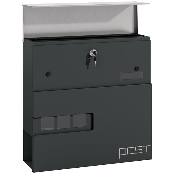 HOMCOM Briefkasten Wandbriefkasten aus Stahl mit Sichtfenster, Schloss, Kupferkern, Postkasten für Outdoor, 37 x 10,5 x 37 cm, Dunkelgrau