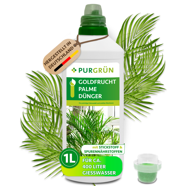 Eine Flasche Purgrün Goldfrucht Palme Dünger mit einem Liter Inhalt, hergestellt in Deutschland, mit Stickstoff und Spurennährstoffen.