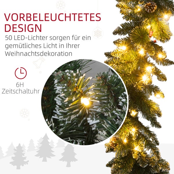 HOMCOM 1,8 m künstliche Weihnachtsgirlande mit Lichterkette Blumendekoration mit Tannenzapfen Beeren Weihnachten Tannengirlande für Treppen Kamin Metall Grün Ø30 x 180 cm