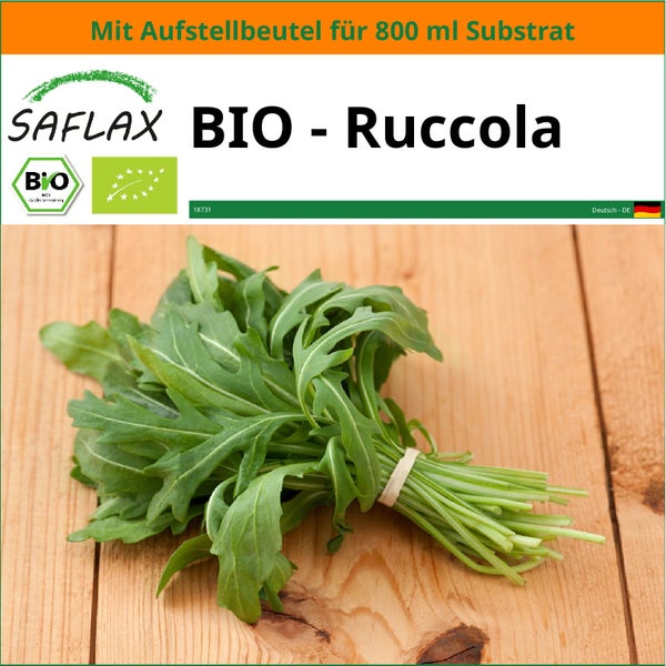 SAFLAX Garden in the bag - BIO - Ruccola - Eruca sativa - 3000 Samen - Mit Anzuchtsubstrat im praktischen, selbst aufstellenden Beutel