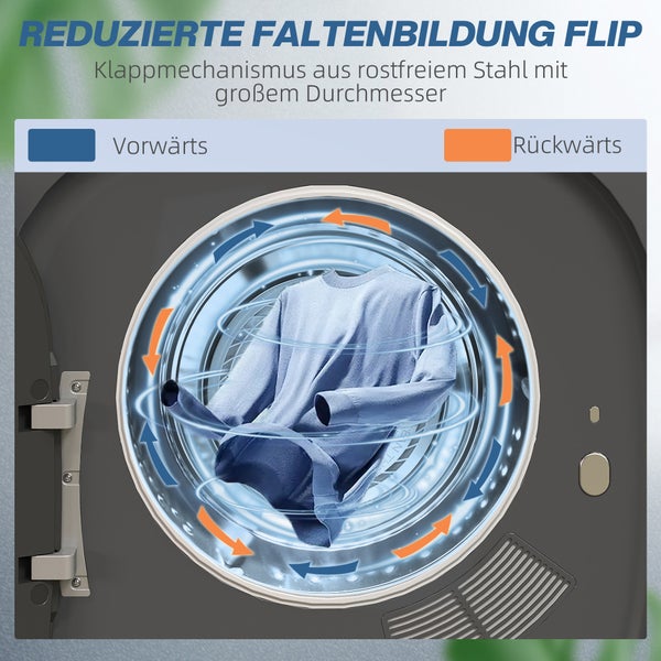 Schwarze Waschmaschine mit geöffneter Tür und Wäsche auf dem Boden