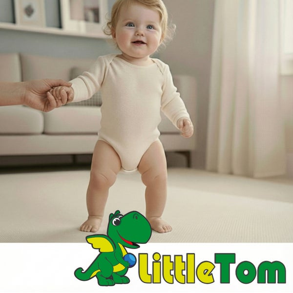 Ein Baby in einem beigen Body steht auf einer hellen Spielmatte, unterstützt von einer Hand eines Erwachsenen. LittleTom Logo.
