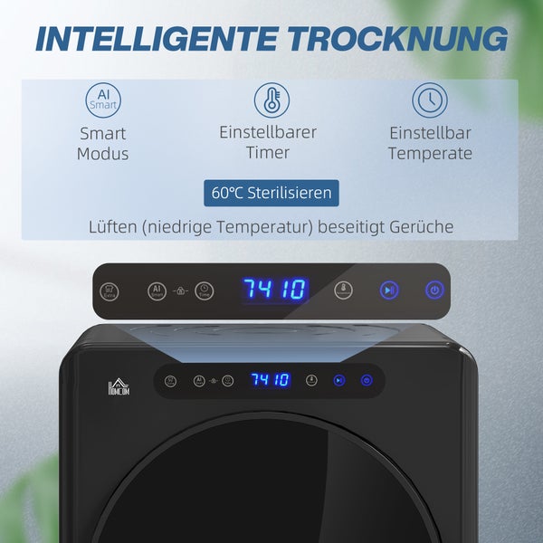 Intelligente Trocknung mit Smart Modus, einstellbarem Timer und Temperatur, sowie Sterilisation bei 60 Grad Celsius.
