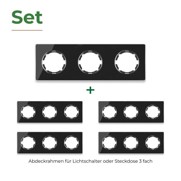 Set aus fünf dreifachen Abdeckrahmen für Lichtschalter oder Steckdosen in rechteckiger Ausführung zur Unterputzmontage