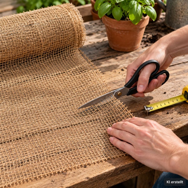 Hände schneiden Jutegewebe auf einem Holztisch mit einer Schere zu während ein Maßband für die richtige Länge bereitliegt