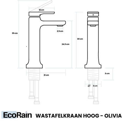 EcoRain 30% Wassersparender Hoher Waschtischarmatur Olivia aus Edelstahl RVS 304 und Messing - Universeller Anschluss - Anti-Kratz-Beschichtung - Erhält Wasserdruck - Chrom