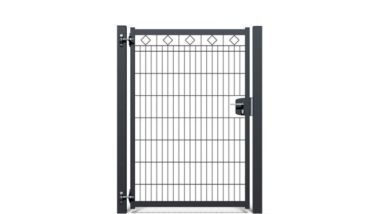 Gartentür ZAUNGURU BASIC-Linie Raute aus Metall, Höhe: 163cm, Breite: 123cm, 1-flügelig inkl. Pfosten, Schloss und Zubehör, Feuerverzinkt und zusätzlich in RAL 7016 Anthrazitgrau pulverbeschichtet