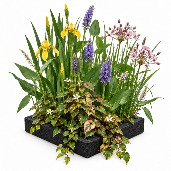 Eine Auswahl an Wasserpflanzen in einem schwarzen Pflanzkorb für den Gartenteich mit gelben und violetten Blüten sowie Blattwerk.