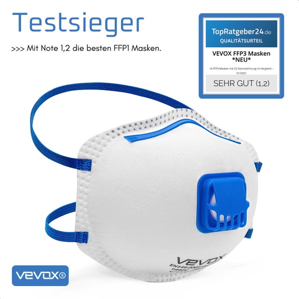 VEVOX® FFP1 Maske mit Ventil – im 5er Set – Staubmaske – Atemschutzmaske – Staubschutzmaske – Feinstaubmaske – Atemschutz z.B. gegen Feinstaub, Schleifstaub oder Baustaub