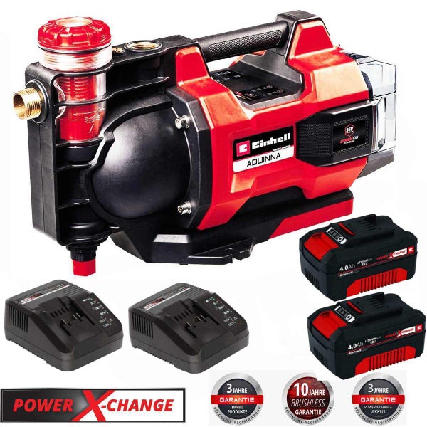 Einhell Akku-Gartenpumpe Aquinna mit zwei 4 Amperestunden Akkus, zwei Ladegeräten sowie Siegeln für drei und zehn Jahre Garantie.