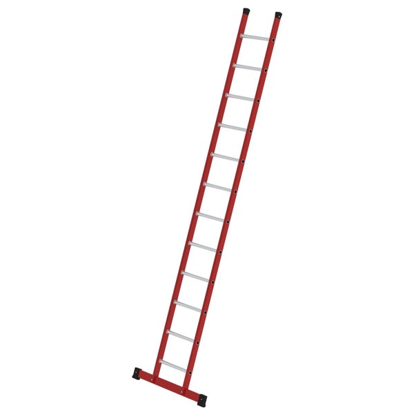 Eine Anlegeleiter mit zwei Holmen und mehreren Sprossen sowie einer breiten Quertraverse für stabilen Stand.