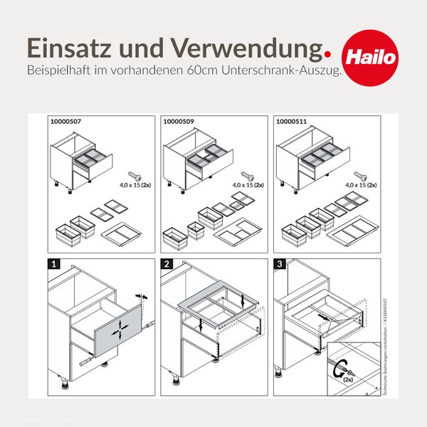 Montageanleitung für Hailo Abfalltrennsysteme in einem 60 Zentimeter breiten Unterschrank-Auszug mit Schritten zur Installation. Hailo Logo.