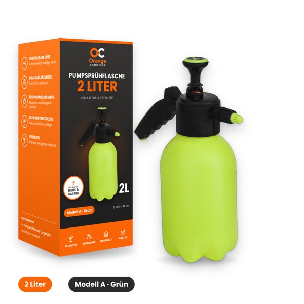 Orange Commerce Pumpsprühflasche mit 2 Liter Fassungsvermögen für Haus und Garten, inklusive Verpackung.