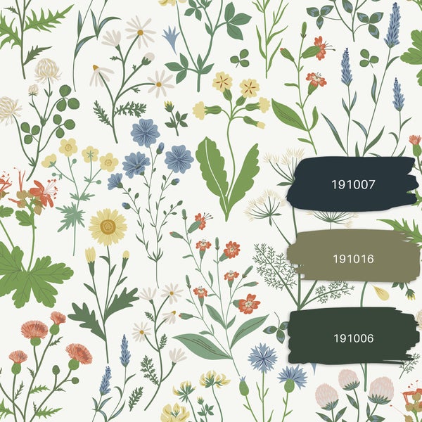 Blümchentapete mit Farbfeldern 191007, 191016 und 191006