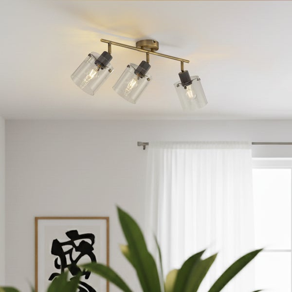 Deckenleuchte mit drei Strahlern und klaren Glasschirmen