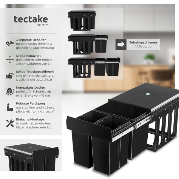 Abfallsammler tectake Ashlyn 35 x 48 x 35 cm 3-fach Mülltrennung, 2x8L und 1x15L schwarz