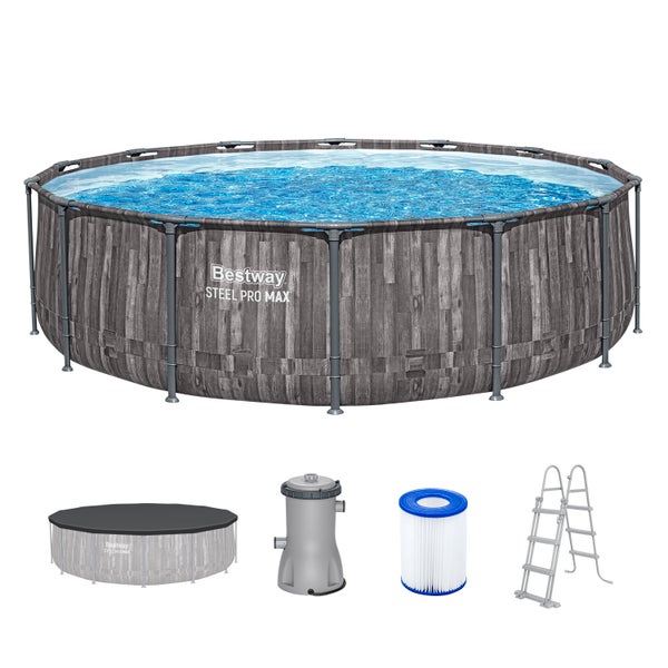 Bestway Steel Pro Max Aufstellpool Set inklusive Filterpumpe, Filterkartusche, Sicherheitsleiter und Abdeckplane.