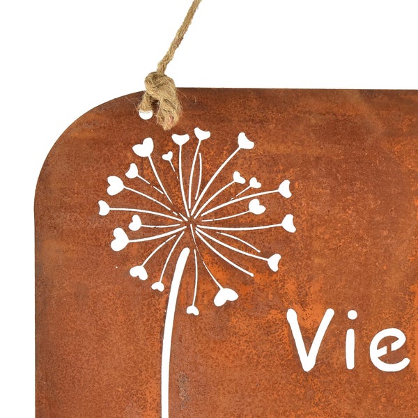 Dekoschild aus Metall mit Löwenzahn Motiv und Kordelaufhängung
