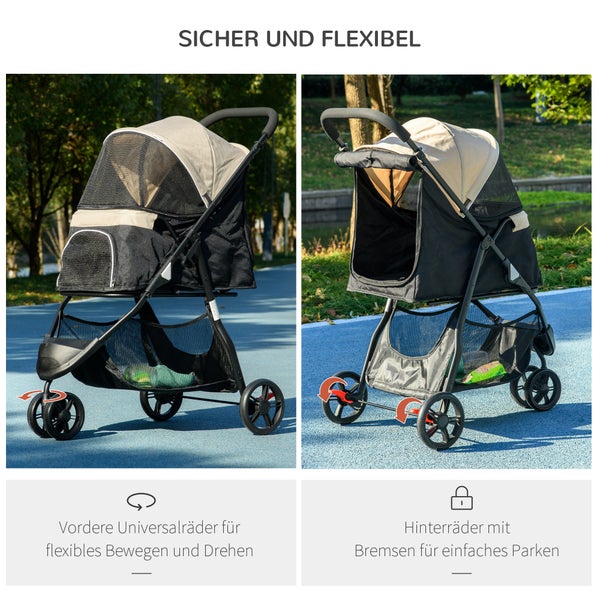 PawHut 2 in 1 Hundewagen Hundebuggy mit Regenschutz klappbar für Hunde & Katzen bis 10 kg Katzenbuggy mit Kissen Netzfenstern Türen Aufbewahrungskorb Katzenwagen Buggy Khaki
