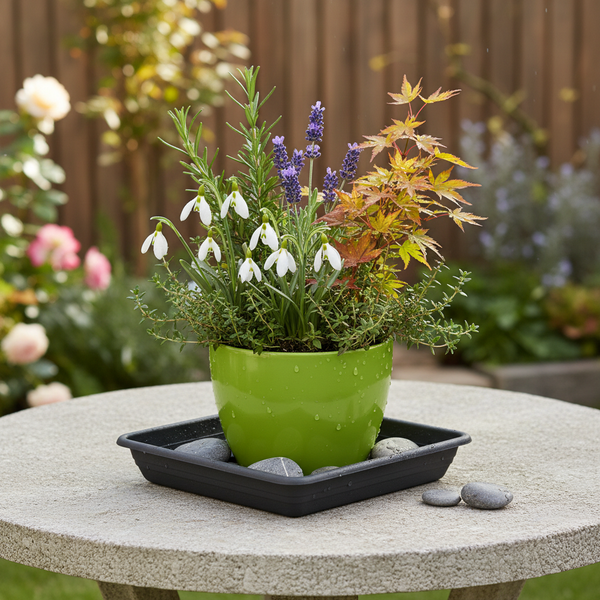 Arrangement aus Schneeglöckchen, Lavendel, Rosmarin und Ahorn in einem grünen Pflanztopf auf einem Steintisch im Garten.