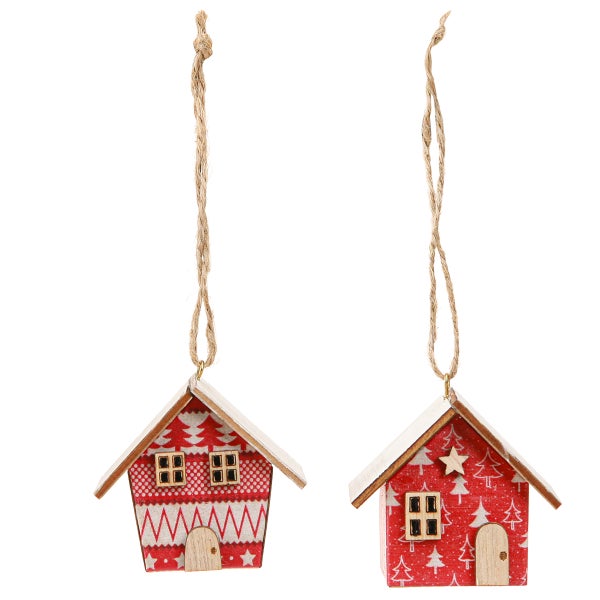 Zwei dekorative Weihnachtshausanhänger mit verschiedenen Mustern und Jutekordeln.