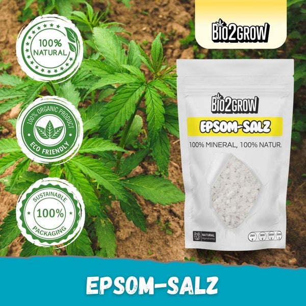 Bio2Grow Bittersalz Produktverpackung neben einer Pflanze mit den Aufschriften 100 % natürlich, 100 % organisches Produkt und nachhaltige Verpackung.