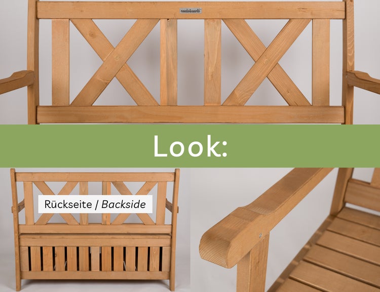 needs&wants® Gartenbank Holz wetterfest mit Stauraum und Abdeckung, 2-Sitzer Truhenbank Holzbank klassisch, Parkbank Sitzbank massiv Garten Outdoor mit Truhe, Naturholz Massivholz, dunkel-braun